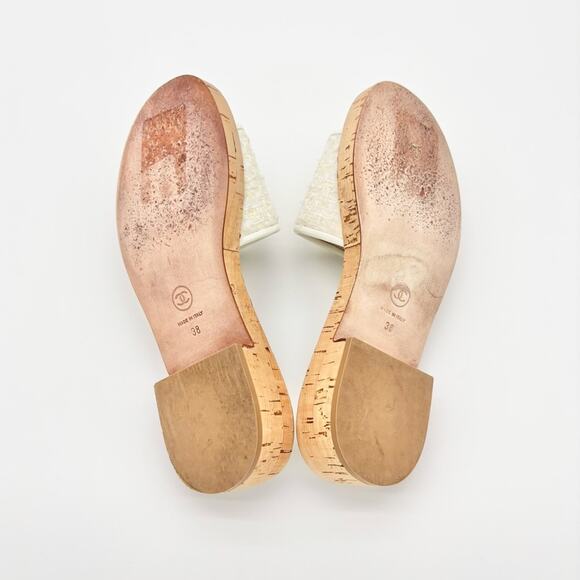 Chanel Interlocking CC Tweed Cork Slip On Heeled Mules Slides Sandals 38 - Picture 6 of 8